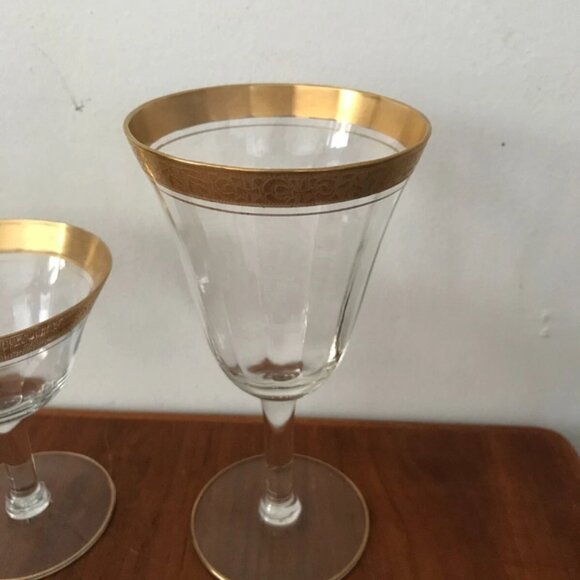 Vintage 5 Glastonbury Rose Lotus Fluted Gold Encrusted Sherbert Wine Glasses Set - Picture 8 of 10